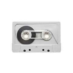 Obraz premium A gray audio cassette tape on a white background, top view, studio shot.