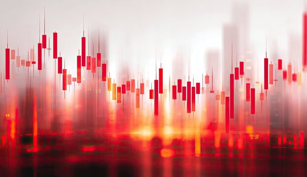 Abstract stock market chart overlayed on a blurred cityscape, red/orange tones