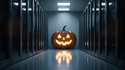 Cyber Halloween Illustration – Pumpkin in Server Rack Room