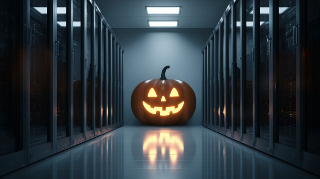 Cyber Halloween Illustration – Pumpkin in Server Rack Room