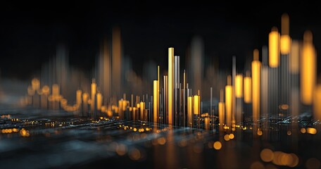 Abstract cityscape, golden towers on dark, blurry landscape