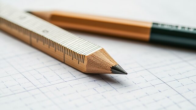 A close-up of a wooden pencil and a ruler on graph paper, highlighting tools for drawing or drafting.