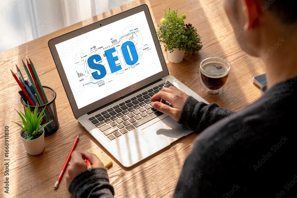 Poster seo search engine optimization for modish e-commerce and online retail business showing on computer 