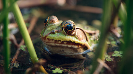 Obraz premium A close up of a green frog partially submerged in water surrounded by green plants and vegetation