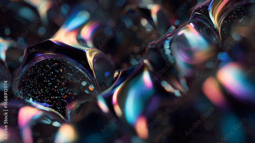 Poster abstract iridescent shapes with internal speckles and reflective surface close up view in dark setti