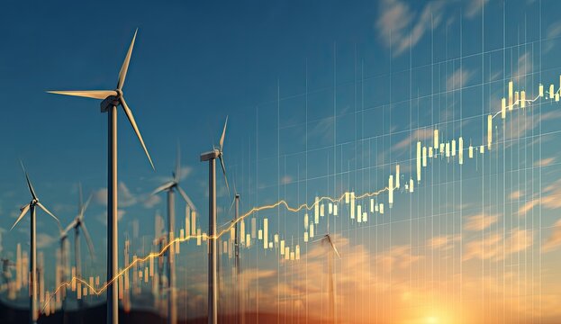 Wind turbines and financial charts at sunset