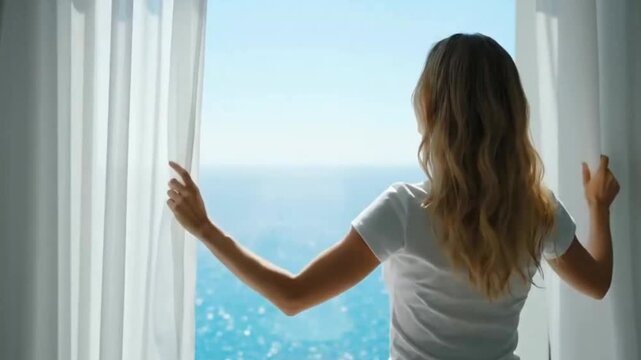 Woman opens curtains to ocean view in a sunlit room