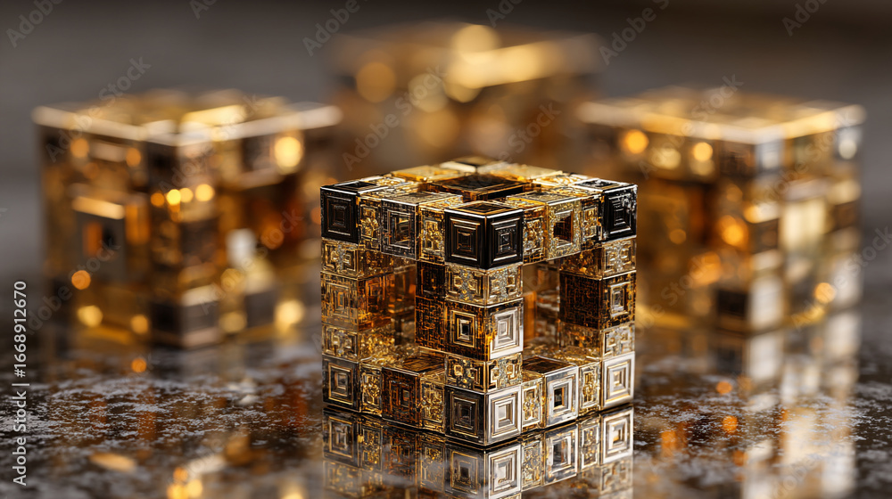 Poster a close up of three golden cubes with intricate designs on a reflective surface in soft lighting