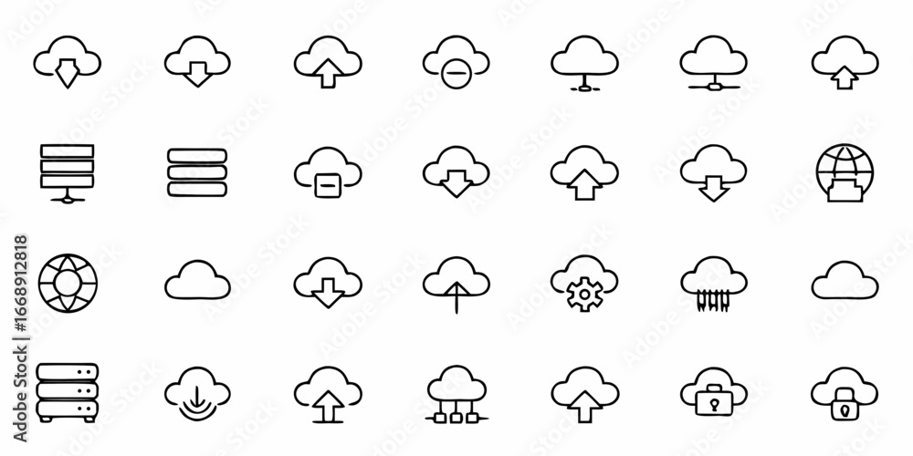 Poster essential cloud computing and data storage icons depicting upload, download, settings, security, and