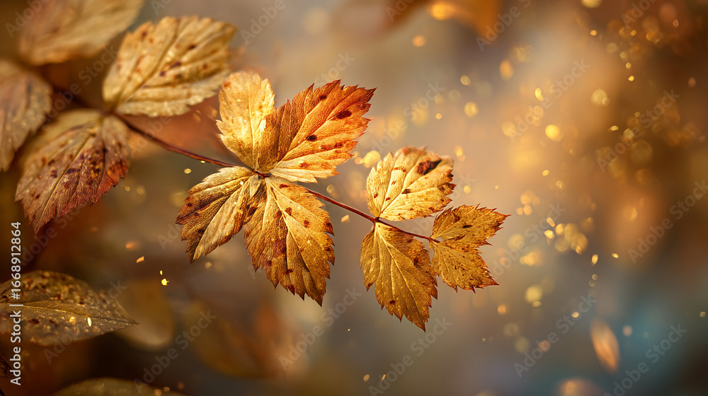 Poster a close up of autumn leaves on a branch with a blurred background and bokeh effect in warm golden to
