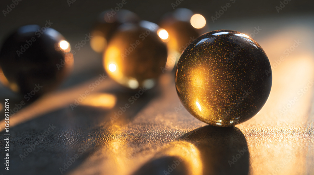 Poster a group of shiny marbles with golden reflections on a dark surface in soft diffused lighting