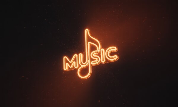 Neon orange music note logo on dark background - Powered by Adobe
