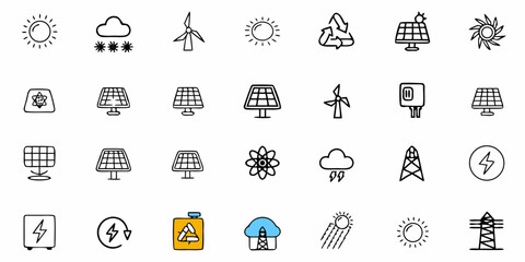 Sustainable energy icons representing renewable resources like solar panels, wind turbines, and eco-friendly power generation for a clean future