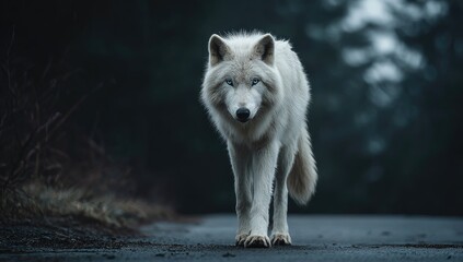 Obraz premium Majestic white wolf strolls down a road