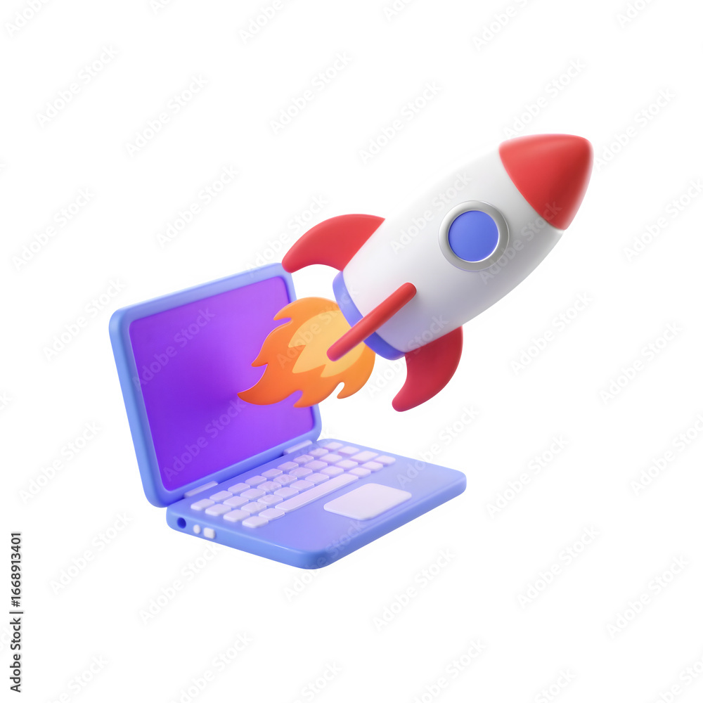 Poster exploding rocket launching from digital laptop screen innovation