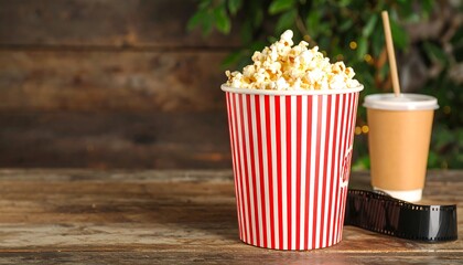 Popcorn, drink, and film on a wooden table