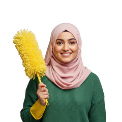 Smiling muslim woman in hijab holding a yellow duster isolated on transparent background