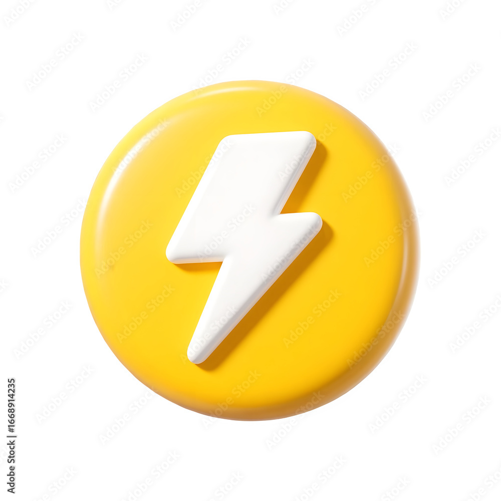 Poster bright yellow circle with white lightning bolt symbol in a 3d render isolated on transparent backgro