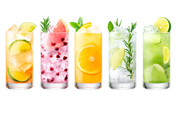 cocktail with lime set of lemonades and orange drinks in glasses on transparent background