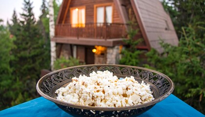 Popcorn in a bowl, mountain cabin backdrop