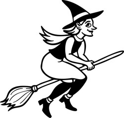 Fototapeta premium Line Art Witch flying on broomstick with pointed hat and boots in line art style