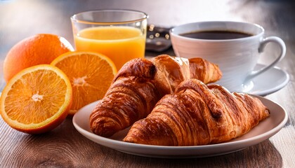 continental breakfast with fresh croissants orange juice and coffee selective focuse