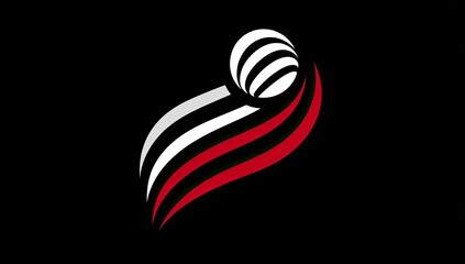 Abstract logo featuring stylized, flowing red, white, and grey lines, forming a sphere-like shape on a black background