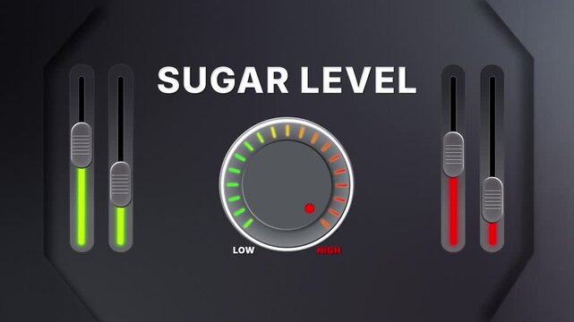 Animation of Sugar level on a circular gauge moving from low to high and back. Can be used to show increase or decrease. Perfect for health, fitness, or data content.