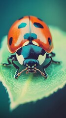 Fototapeta premium Closeup Ladybug on Green Leaf Macro Photography