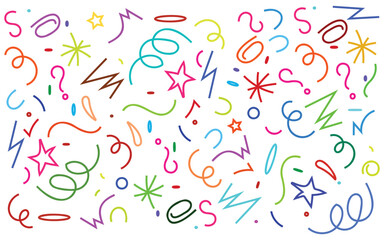 Colorful confetti and shapes on white background