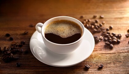 aromatic dark coffee in white cup on wooden table morning beverage