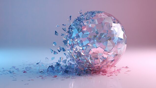 Shattering iridescent sphere, fragmented into numerous crystal-like pieces, cascading onto a pale surface under soft, dual-toned lighting