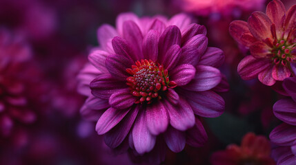 Fototapeta premium A close up of a vibrant purple chrysanthemum flower with a red center and blurred background bloom