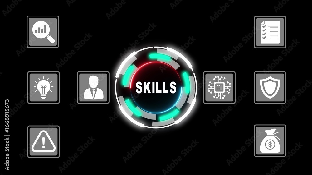Poster skills concept with central glowing circular interface and surrounding icons ability talent