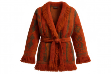 Studio shot of an orange cardigan with fringes and a tie belt, isolated on a transparent background