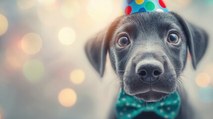 Dog celebrating birthday with party hat and bow tie in soft lighting