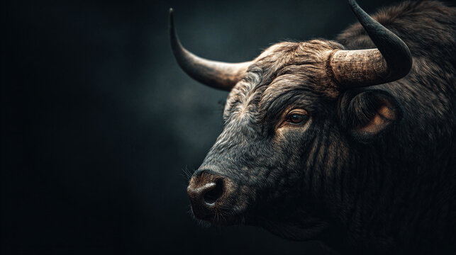 Close up shot of a gaur with dark fur and curved horns against a dark blurred background of nature