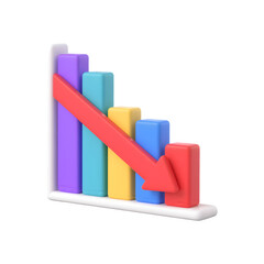 3D Downward Trend Bar Chart With Red Arrow Illustration on Transparent Background