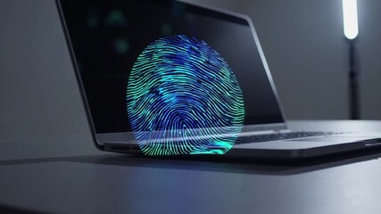 Composite ry of Abstract Unique Fingerprint Hologram Overlaid on Portable Computer - Powered by Adobe