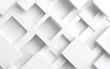 Abstract white geometric pattern of overlapping squares and rectangles creating depth and layered effect