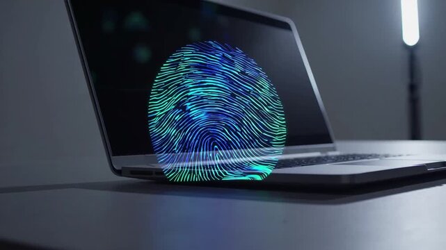 Composite ry of Abstract Unique Fingerprint Hologram Overlaid on Portable Computer