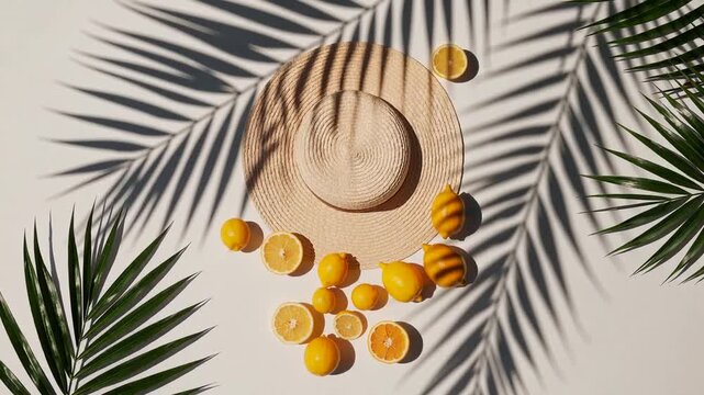 summer fashion flat lay banner composition with straw hat
