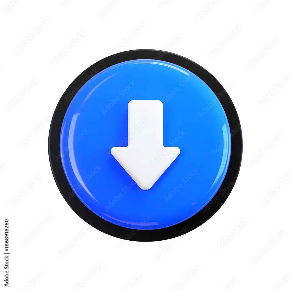 Poster 3d blue down arrow icon isolated on transparent background for downloads and navigation