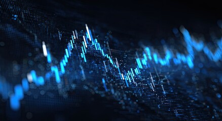 Abstract digital stock market graph visualization; blue lines fluctuate on dark background of data points