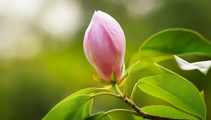 pink flower bud and green leaves against a blurred background nature scene