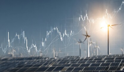 Wind turbines and solar panels rise against a backdrop of a rising stock market graph, symbolizing renewable energy investment and growth