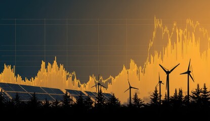 Solar panels and wind turbines silhouetted against a sunset, overlaid with a fluctuating stock market graph depicting growth in renewable energy