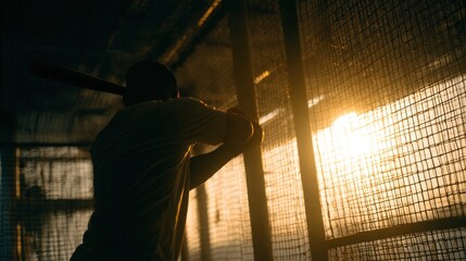 Silhouette of a baseball player in batting cage