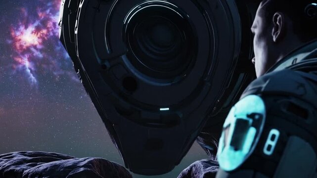 three-dimensional science fiction depiction of space explorer being protected by colossal single-eyed automaton