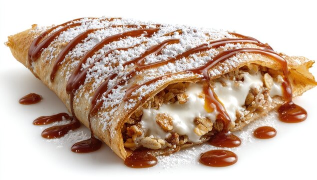 A folded crepe, filled with cream and granola, drizzled with caramel sauce and powdered sugar, sits on a white background